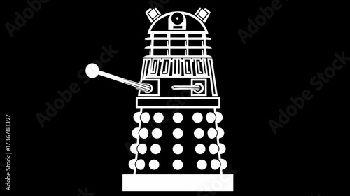 Retro sci-fi robotic alien creature illustration. Futuristic antagonist icon with eye stalk and weapon arm. Vector art on black background.