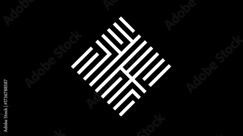 Abstract geometric white line pattern on black background. Modern minimalist design with interwoven parallel lines in a diamond shape.