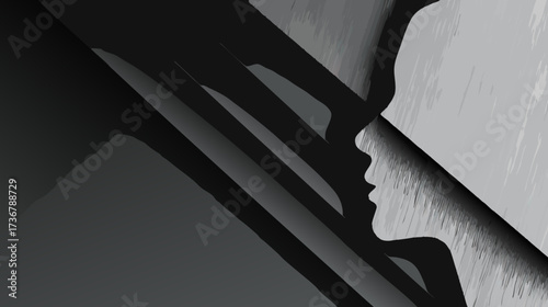 Abstract monochrome illustration of contrasting human profiles, depicting duality, connection, and mental states. Minimalist design.