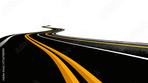 Winding black road with yellow and white lines on a clean white background, symbolizing a journey, future, or progress