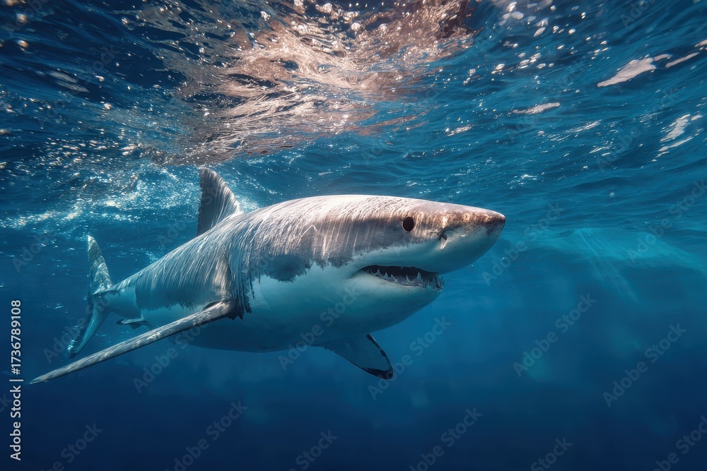 Naklejka premium Realistic image of a shark swimming forward in crystal clear water, showcasing its powerful form and natural beauty in an underwater environment