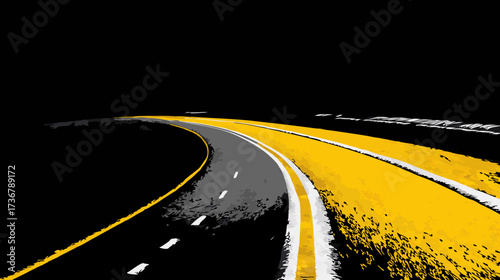 Dynamic perspective of an abstract curved road with bright yellow and white markings on a dark background, concept of journey or progress