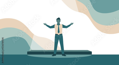 Man On Stage Presenting Concept With Arms Open Symbolizing New Ideas in Visuals