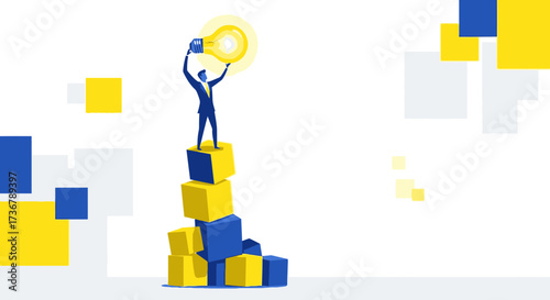 Man On Top Of Blocks Emphasizing Idea And Illustration, Suitable For Business Concept