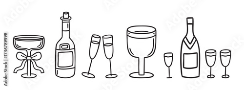 Wine and champagne bottles line art clipart set with festive glasses, monochrome holiday collection, hand drawn.