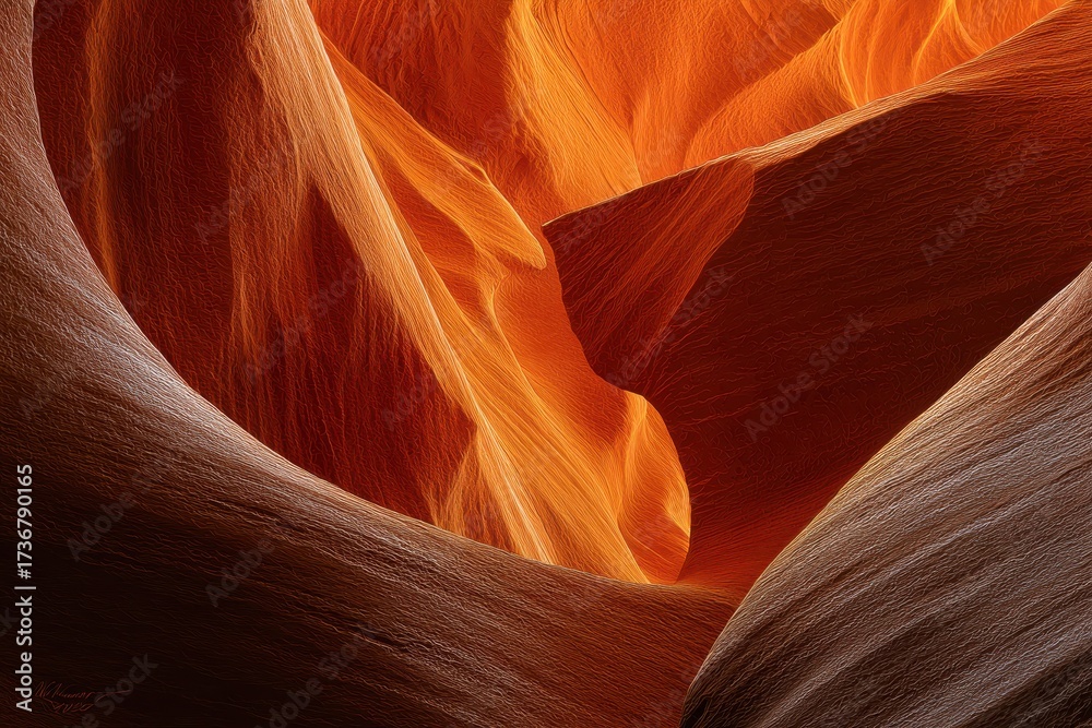 Obraz premium Vibrant orange walls of a slot canyon showcase intricate textures and shapes during midday light in a natural wonder of geological formations