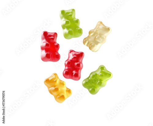 A colorful assortment of gummy bear candies, including red, yellow, green, and white, scattered and isolated on a pure transparent background, evoking a sense of sweetness and childhood nostalgia