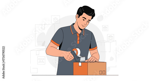 Man Packages Parcel Using Tape Vector Illustration Delivery Service Concept
