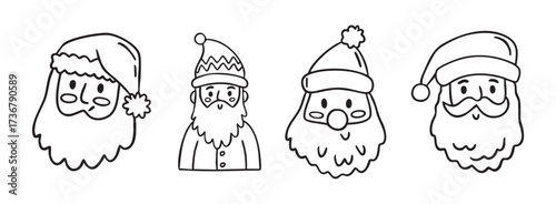 Santa Claus heads line art clipart set with cute faces, monochrome holiday collection, hand drawn.