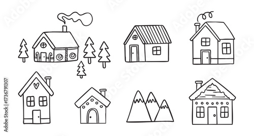Winter houses line art clipart set with simple cabins and snowy roofs, monochrome collection, hand drawn.