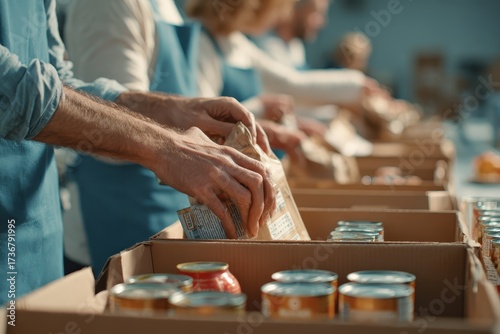 Volunteers preparing grocery boxes for donation to support local families in need during community food drive event