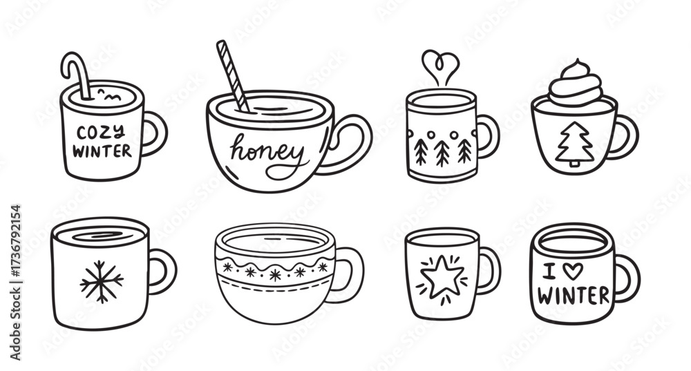 Obraz premium Cozy winter mugs line art clipart set with quotes and simple symbols, monochrome collection, hand drawn.