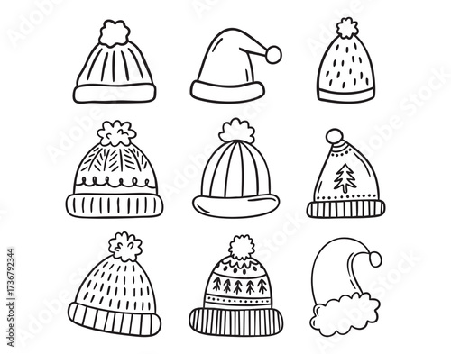 Winter hat icons line art clipart set with beanies and pom poms, monochrome collection, hand drawn.