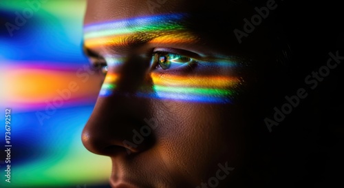 A close up of a face illuminated by colorful light stripes in a dark environment looking right