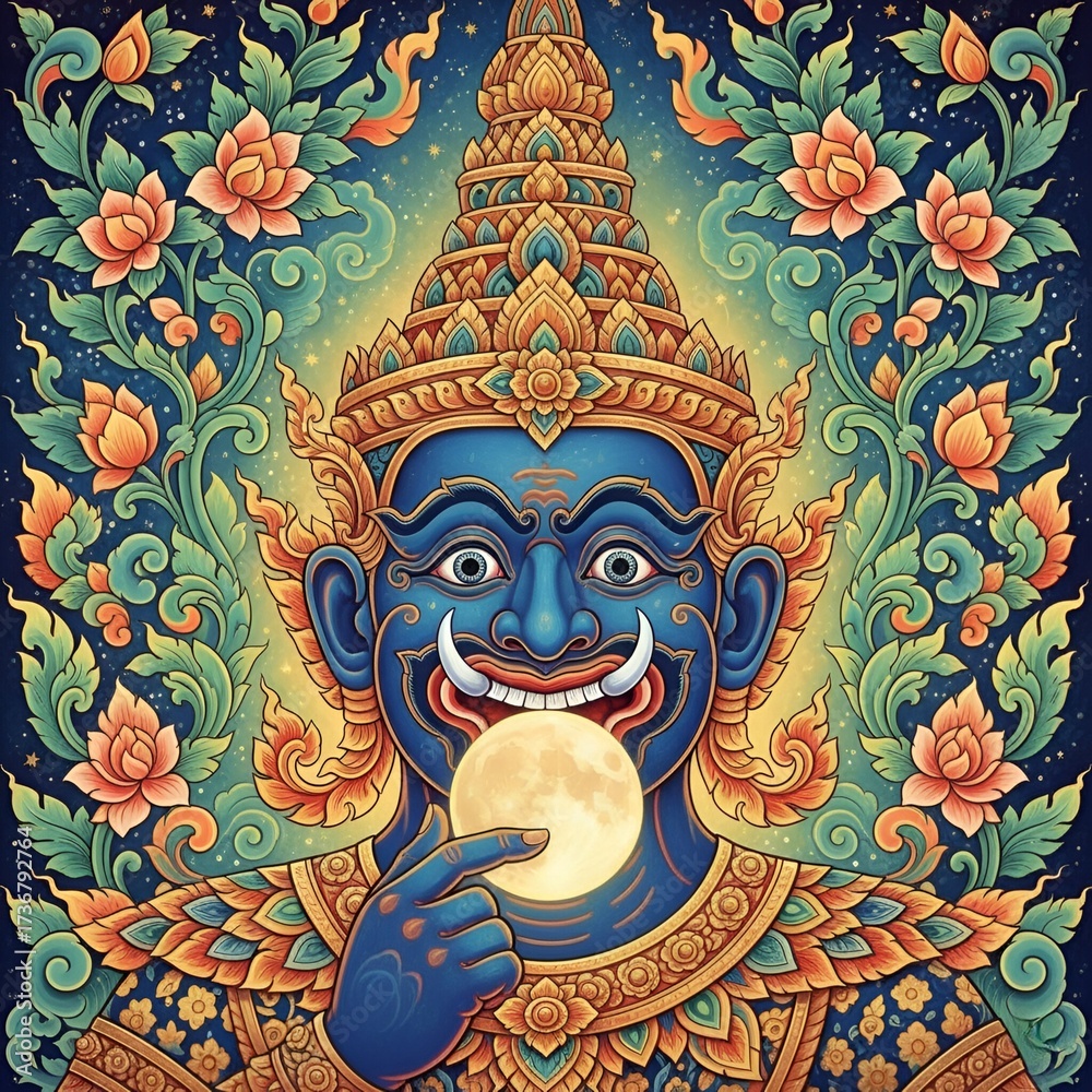 Fototapeta premium Rahu deity swallowing the moon in traditional Thai art style illustration