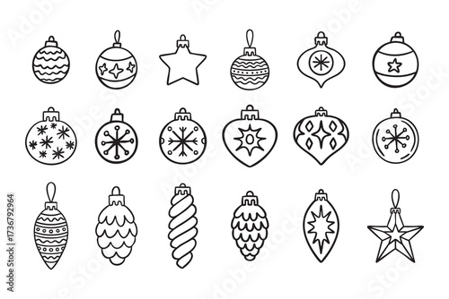 Assorted Christmas ornaments line art clipart set with balls, stars and pine cones, monochrome collection, hand drawn.