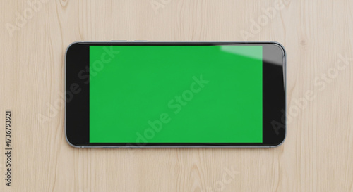 Sleek smartphone with vibrant green screen ready for app promotion on natural wood surface for modern tech marketing campaign visuals