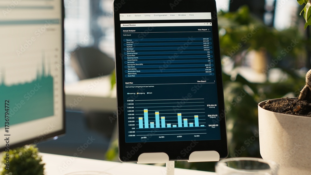 Fototapeta premium Modern workspace with analytical data paperwork documents in bright office environment with potted plants. Tablet on desk with digital statistics charts displayed on screen, close up shot