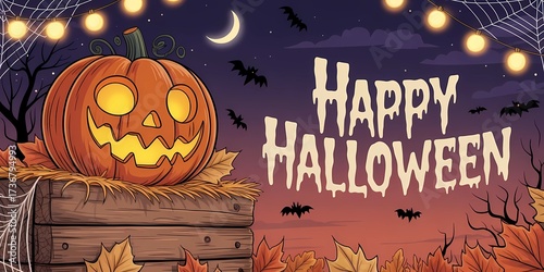 Halloween illustration featuring a glowing jack-o’-lantern pumpkin on wooden planks with hay and spooky “Happy Halloween” text in the night sky.