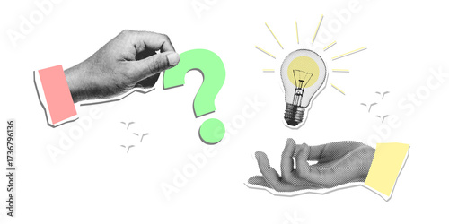 Halftone hands with a question mark and light bulb idea. Modern photo collage retro style. transparent white background.