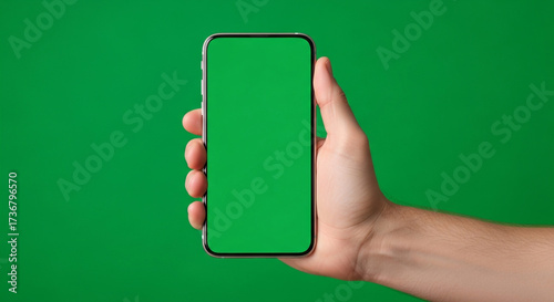 Promote your app now with this modern smartphone featuring a vibrant green screen for easy customization and a clean, professional look today
