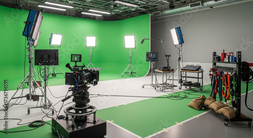 Professional film studio setup with vibrant green screen backdrop ready for dynamic video production and content creation, ideal for filmmaking projects