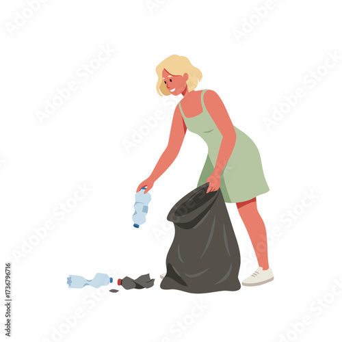 Young woman collecting litter and putting plastic bottles in trash bag, white background, isolated, vector  