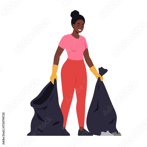 Young black woman picking up litter with trash bags and gloves, white background, isolated, vector  