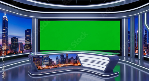 Modern television studio set with green screen backdrop and city skyline provides dynamic space for news broadcasts and virtual events production
