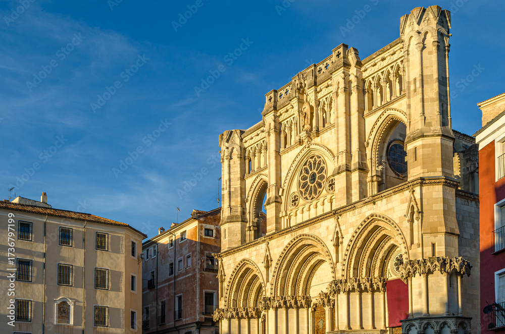 Fototapeta premium Dusk view of the Gothic Cathedral of Saint Mary and Saint Julian in Cuenca, Spain