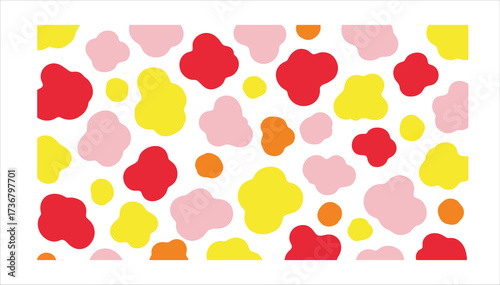 Abstract Pattern of Irregularly Shaped Blobs in Pink Red Yellow and Orange on White Background Keywords: abstract, pattern, background, blob, shape, irregular, organic, colorful, pink