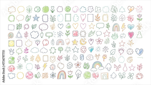 Assortment of Hand- Drawn Doodle Icons Featuring Clouds Hearts Stars Flowers and Leaves in Various Colors Keywords: doodle, icon, hand drawn, sketch, drawing, illustration, graphic