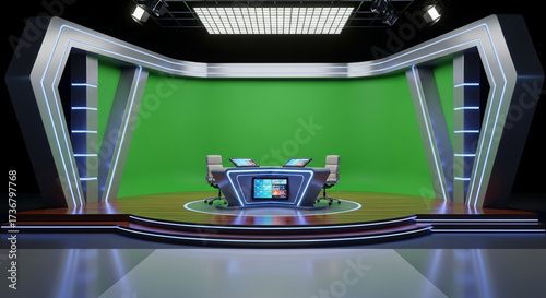 Modern virtual television studio setup with green screen backdrop ready for broadcasting or online streaming, perfect for news or talk shows