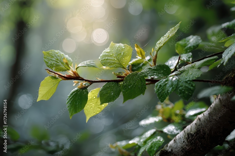 Obraz premium Fresh green leaves sprouting in spring sunlight with a soft bokeh background creating a serene nature ambiance