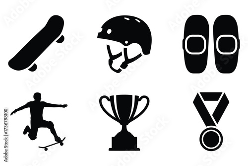 Skateboarding icon set showing skateboarder helmet pads trophy and medal for sports