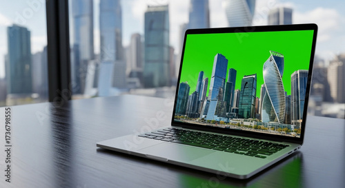 Modern laptop displaying a vibrant city skyline with a blurred urban backdrop, perfect for showcasing tech or travel content with a professional touch