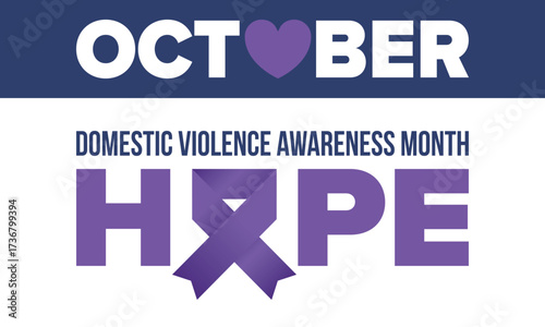 Domestic Violence Awareness Month in October. Celebrate annual in United States. Awareness purple ribbon. Day of Unity. Prevention campaign. Stop women abuse. Poster, banner and background. Vector
