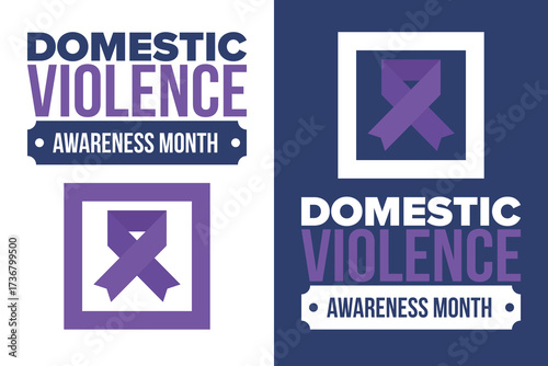 Domestic Violence Awareness Month in October. Celebrate annual in United States. Awareness purple ribbon. Day of Unity. Prevention campaign. Stop women abuse. Poster, banner and background. Vector