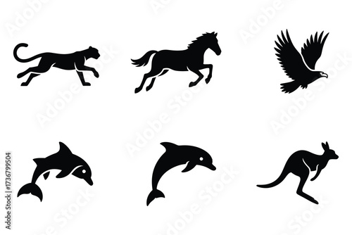 Collection of six majestic animal silhouettes majestic wild fauna set for design projects