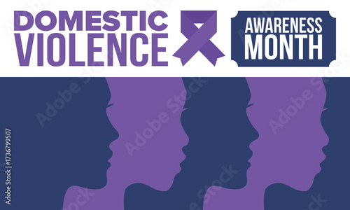 Domestic Violence Awareness Month in October. Celebrate annual in United States. Awareness purple ribbon. Day of Unity. Prevention campaign. Stop women abuse. Poster, banner and background. Vector