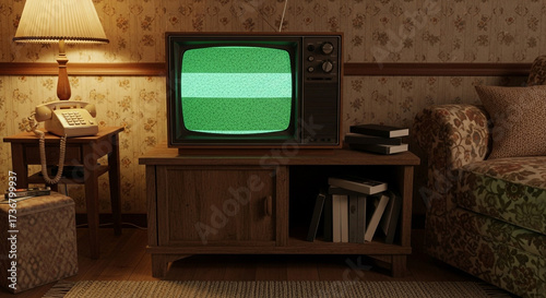 Immerse yourself in a cozy retro living room, where a vintage CRT television displays captivating green static, evoking classic nostalgia and warmth.