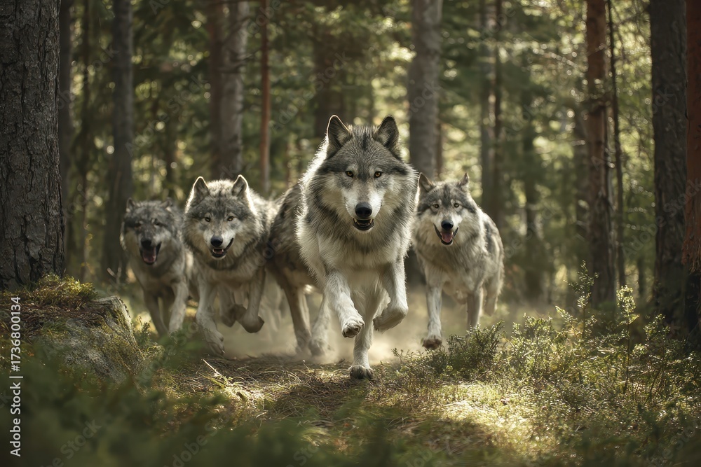 Obraz premium Running spirit animals move in a united wolf pack through the dense woods during the golden hours of early morning