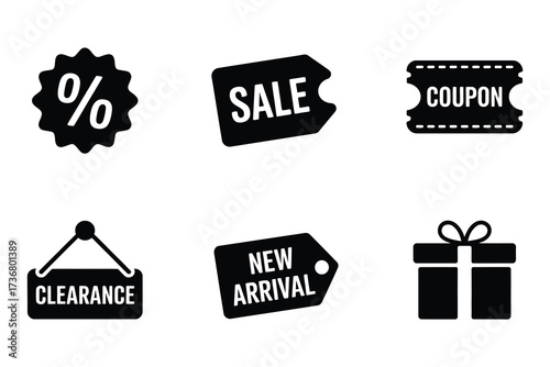 Collection of retail sale promotion icons featuring percentage discount coupon new arrival and gift