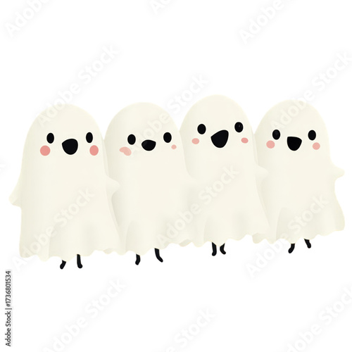 Four cute friendly cartoon ghosts with rosy cheeks.