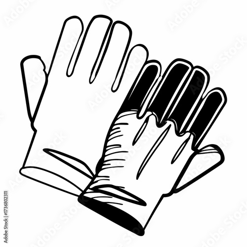 Two pairs of work gloves illustrated in black and white style  