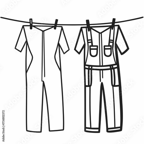 Simple line drawing of coveralls and overalls hanging on a line  