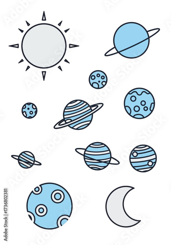 Cute Flat Space Planet and Sun Icons Set