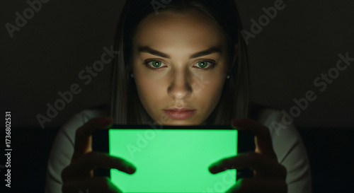Young woman with stunning green eyes intensely focuses on a glowing green screen smartphone, ideal for dynamic digital content and immersive app experiences.
