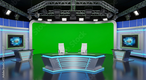 Dynamic modern news studio featuring a vibrant green screen and sleek anchor desks, perfect for professional broadcast and virtual productions.
