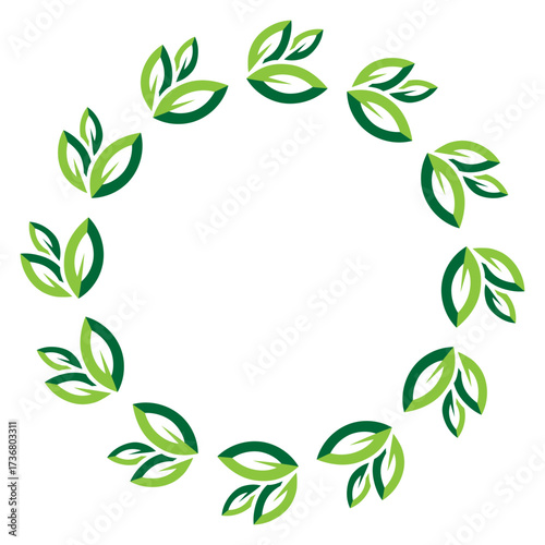 Leaf wreath. Circular frame composed of stylized green leaves, perfect for invitations, logos, or natural-themed designs. Vector illustration